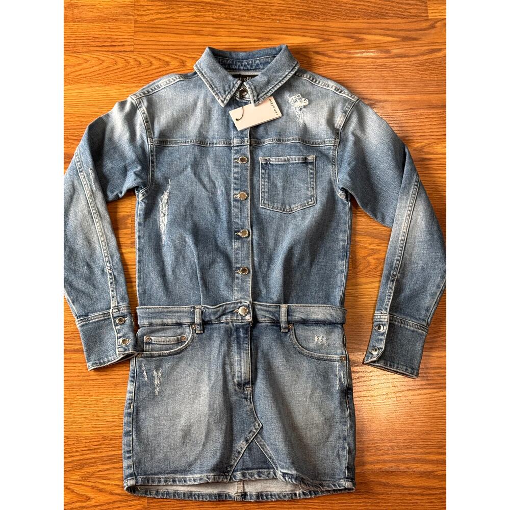 Retrofête River Blue Denim Button Front Mini Dress Designer Party XS - Picture 3 of 10